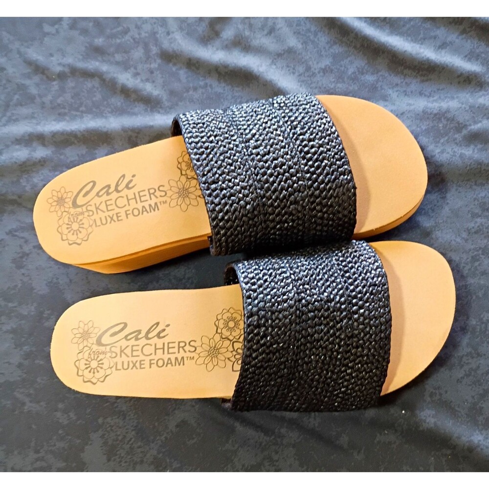 Skechers Cali Women's Slide Sandals Wedge Woven Cushioned Vegan Black US 8